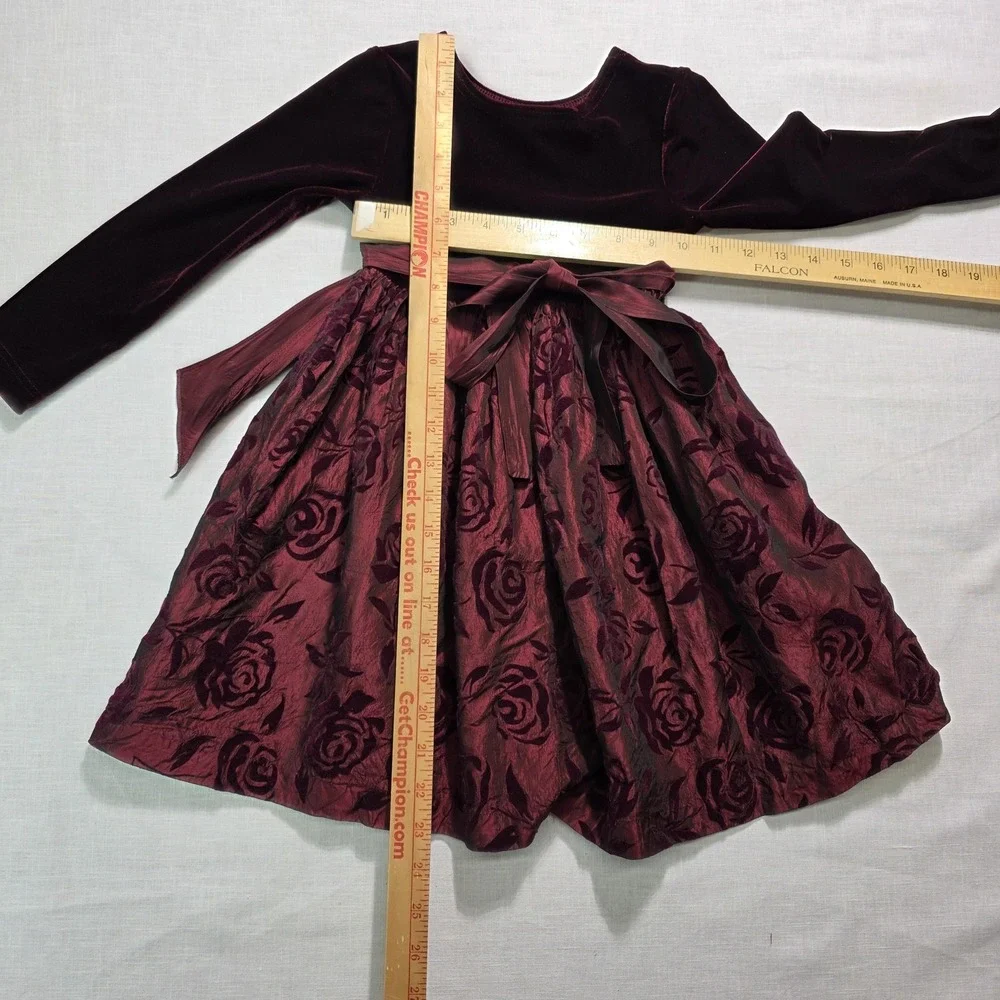Vtg Bonnie Jean Dress Girls 4 Burgundy Velvet Burn Out Skirt Sash Holiday‎ Union